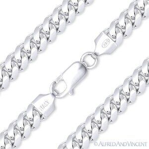 7mm Miami Cuban / Curb Link Chain Bracelet in .925 Sterling Silver w/ Rhodium